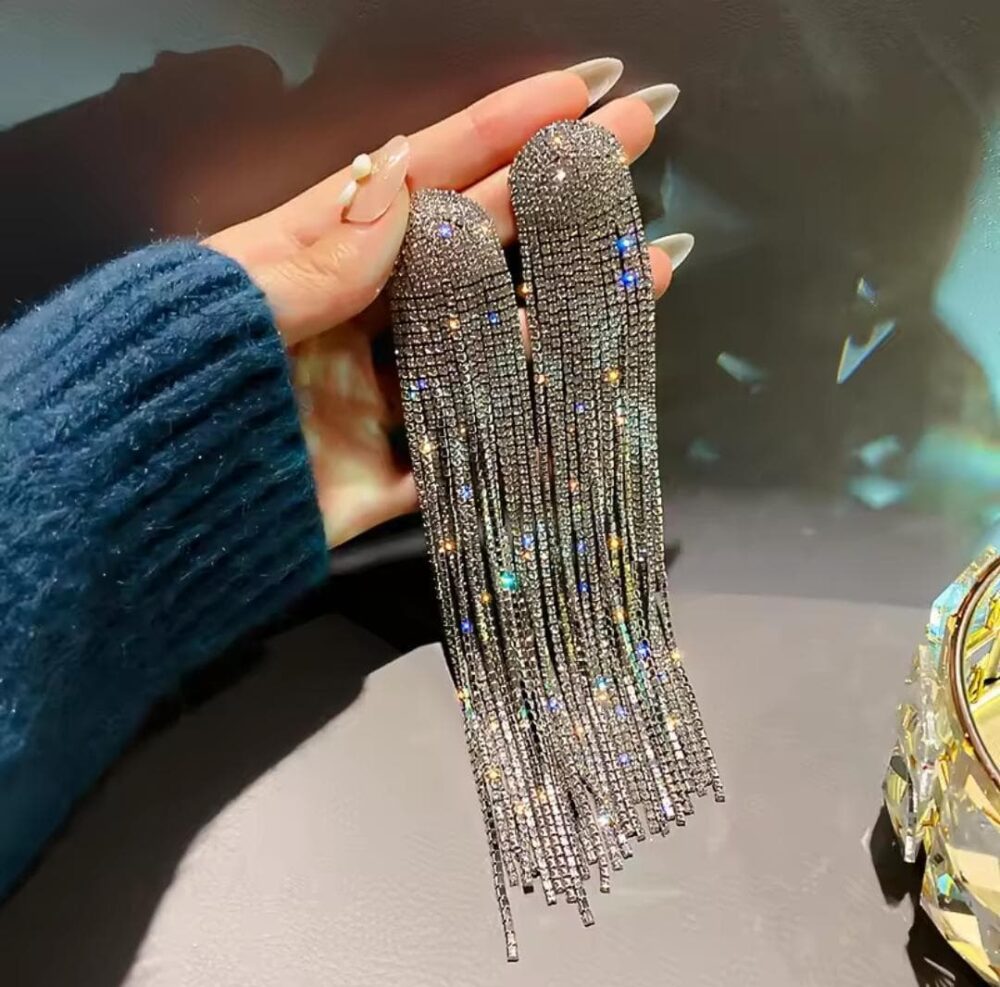 Silver Round Rhinestone Long Tassels