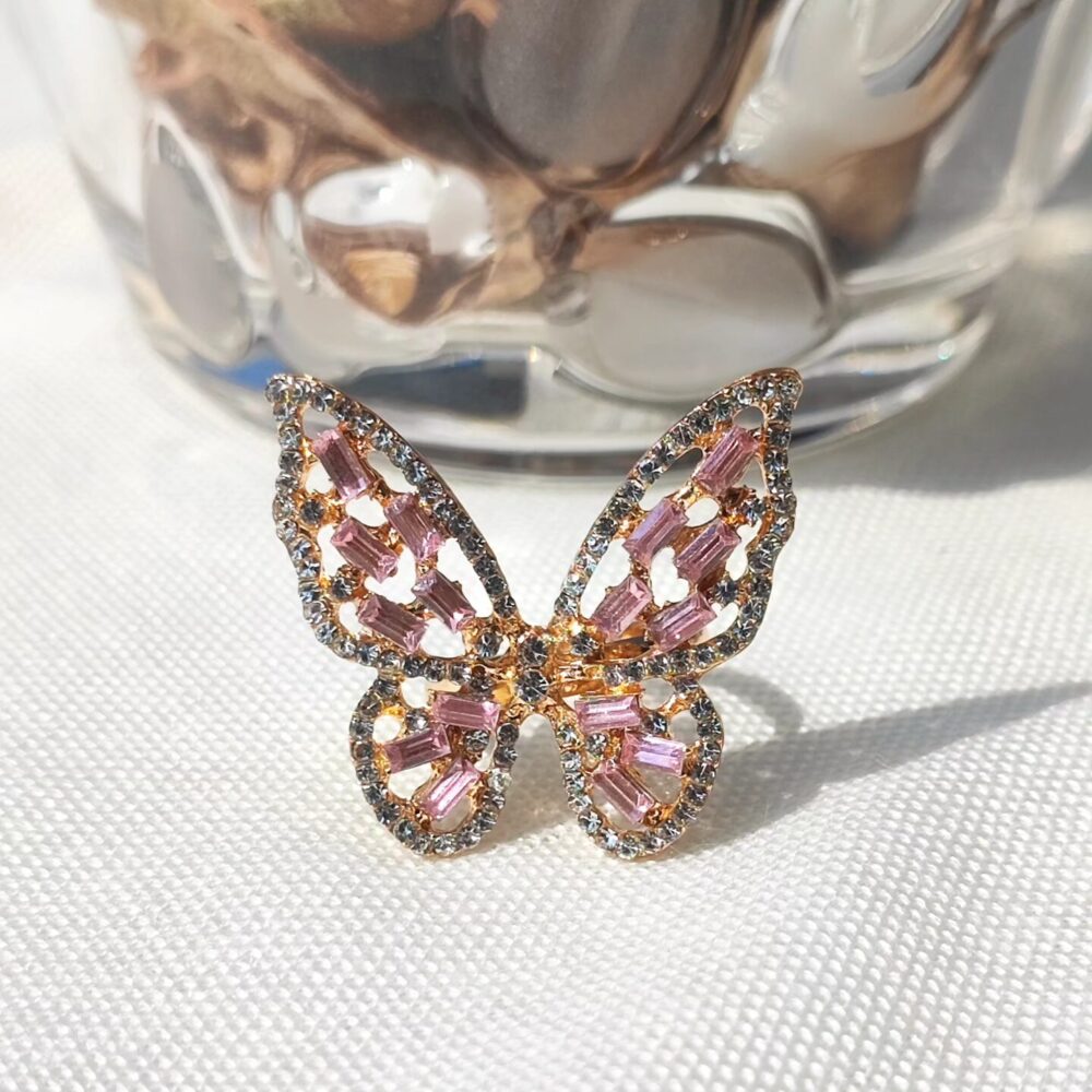 Golden Pink Adjustable Butterfly Rhinestone Ring