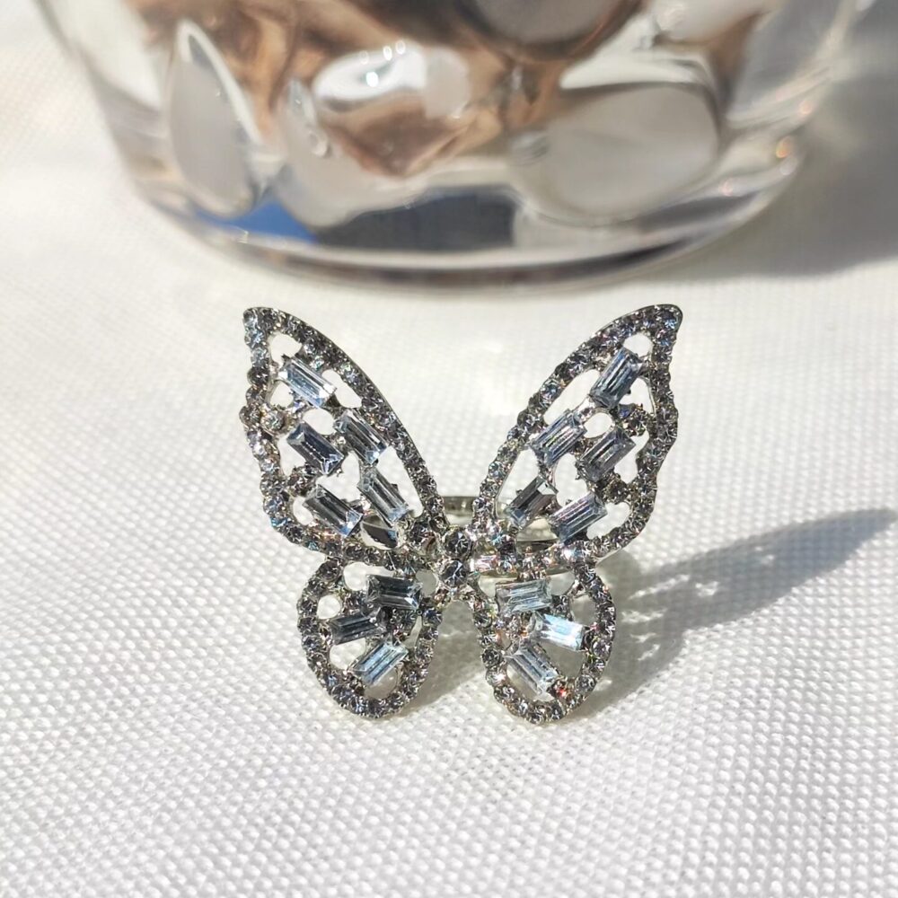 Adjustable Silver Butterfly Rhinestone Ring