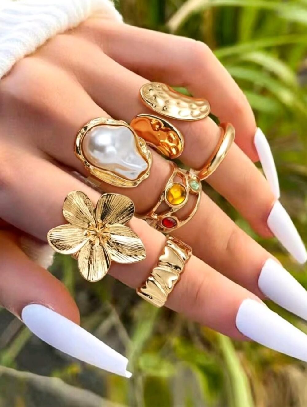 Adjustable 6 pieces Flower and Gemstone Pearl Design Ring Set