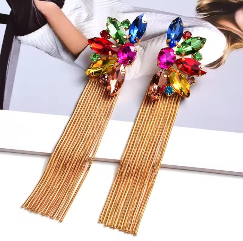 Golden Flower Rhinestone Long Tassels