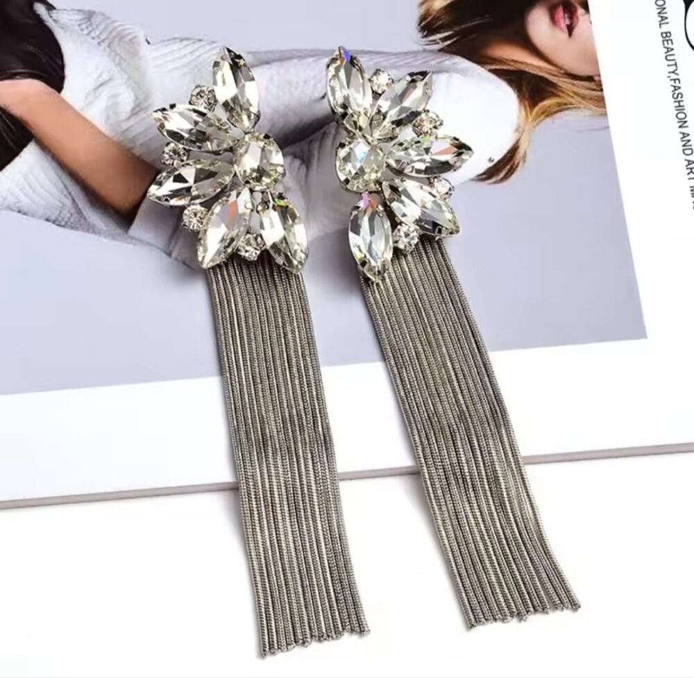 Silver Flower Rhinestone Long Tassels