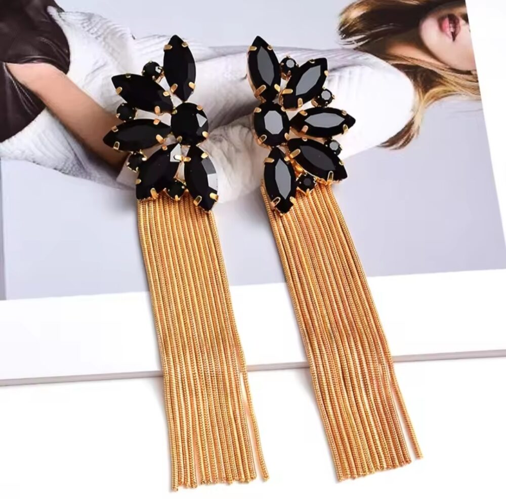 Black Flower Rhinestone Long Tassels