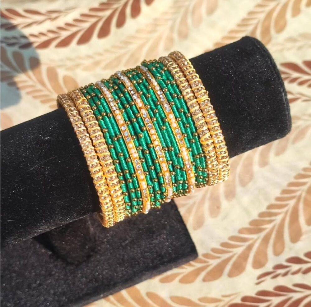 Green Silk Thread Beaded Bangle Set