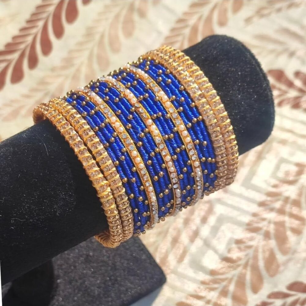 Blue Silk Thread Beaded Bangle Set