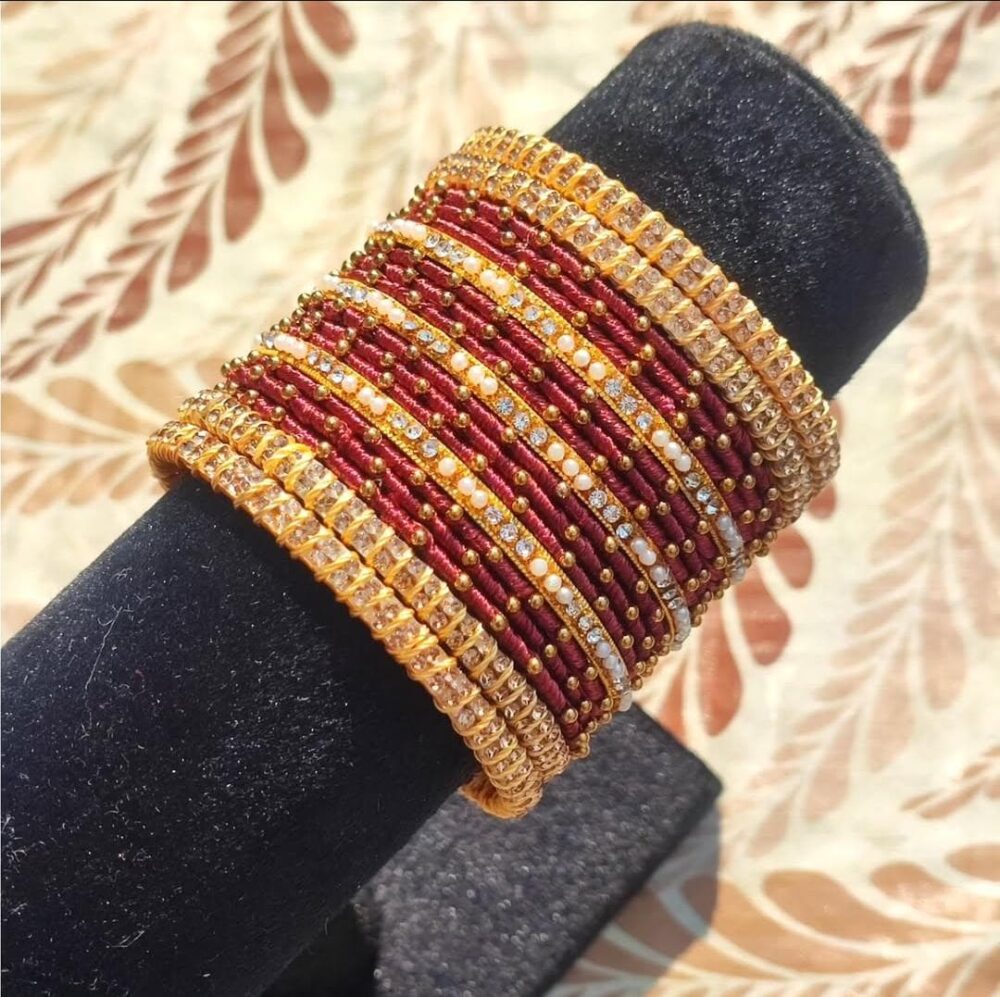 Maroon Silk Thread Beaded Bangle Set