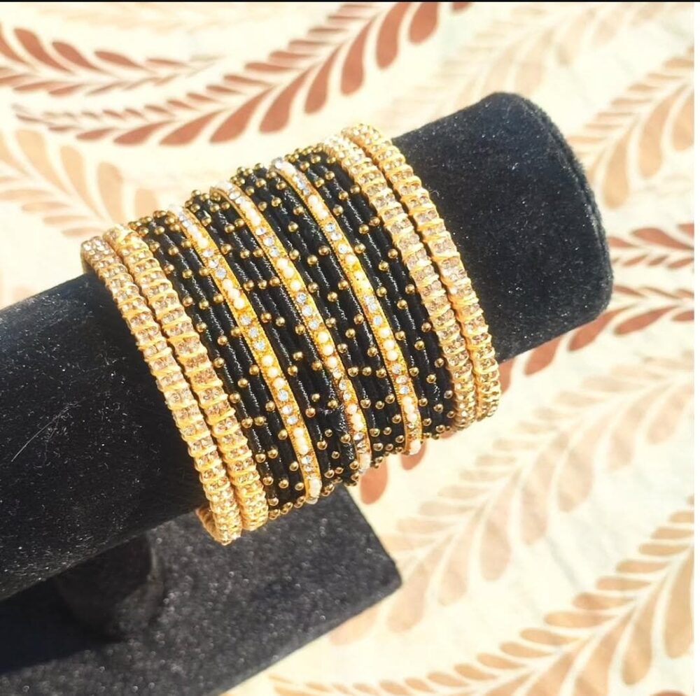 Black Silk Thread Beaded Bangle Set