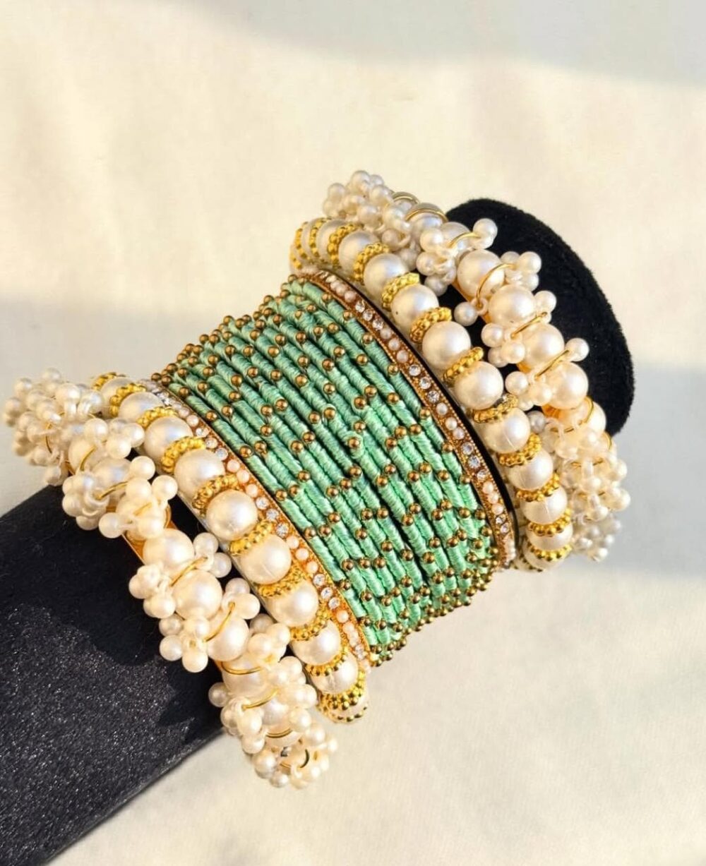 Pista Green Silk Thread Beaded Badam Kara Pearl Bangle Set