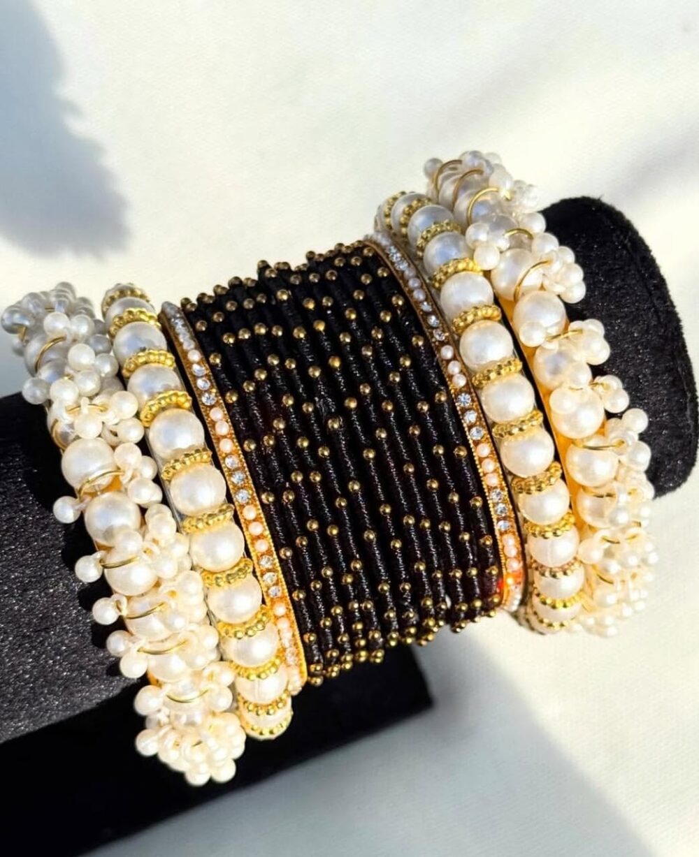Black Silk Thread Beaded Badam Kara Pearl Bangle Set