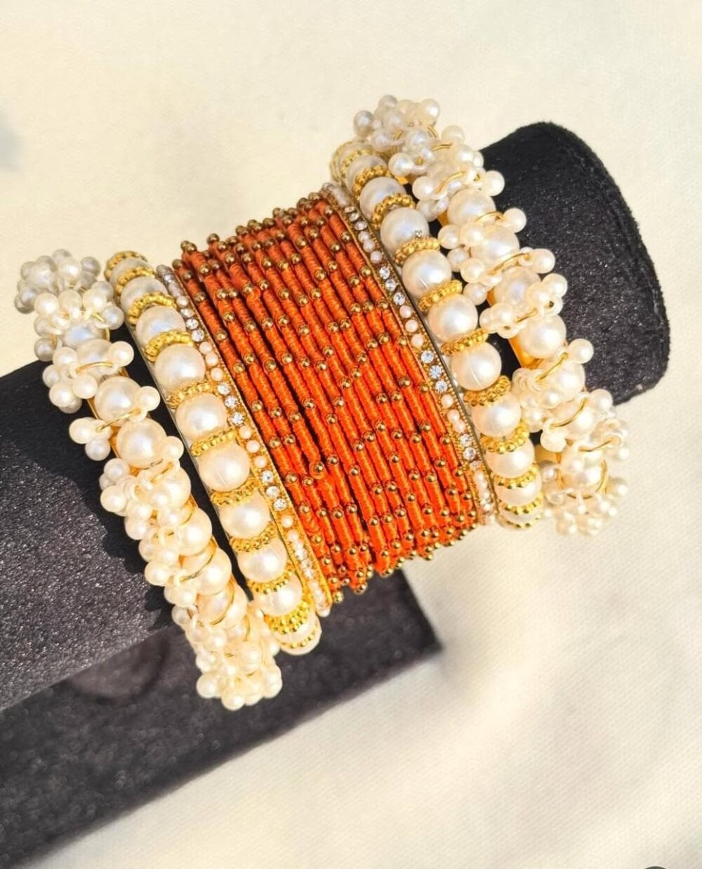 Orange Silk Thread Beaded Badam Kara Pearl Bangle Set