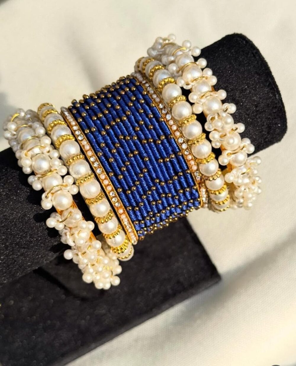 Dark Blue Silk Thread Beaded Badam Kara Pearl Bangle Set