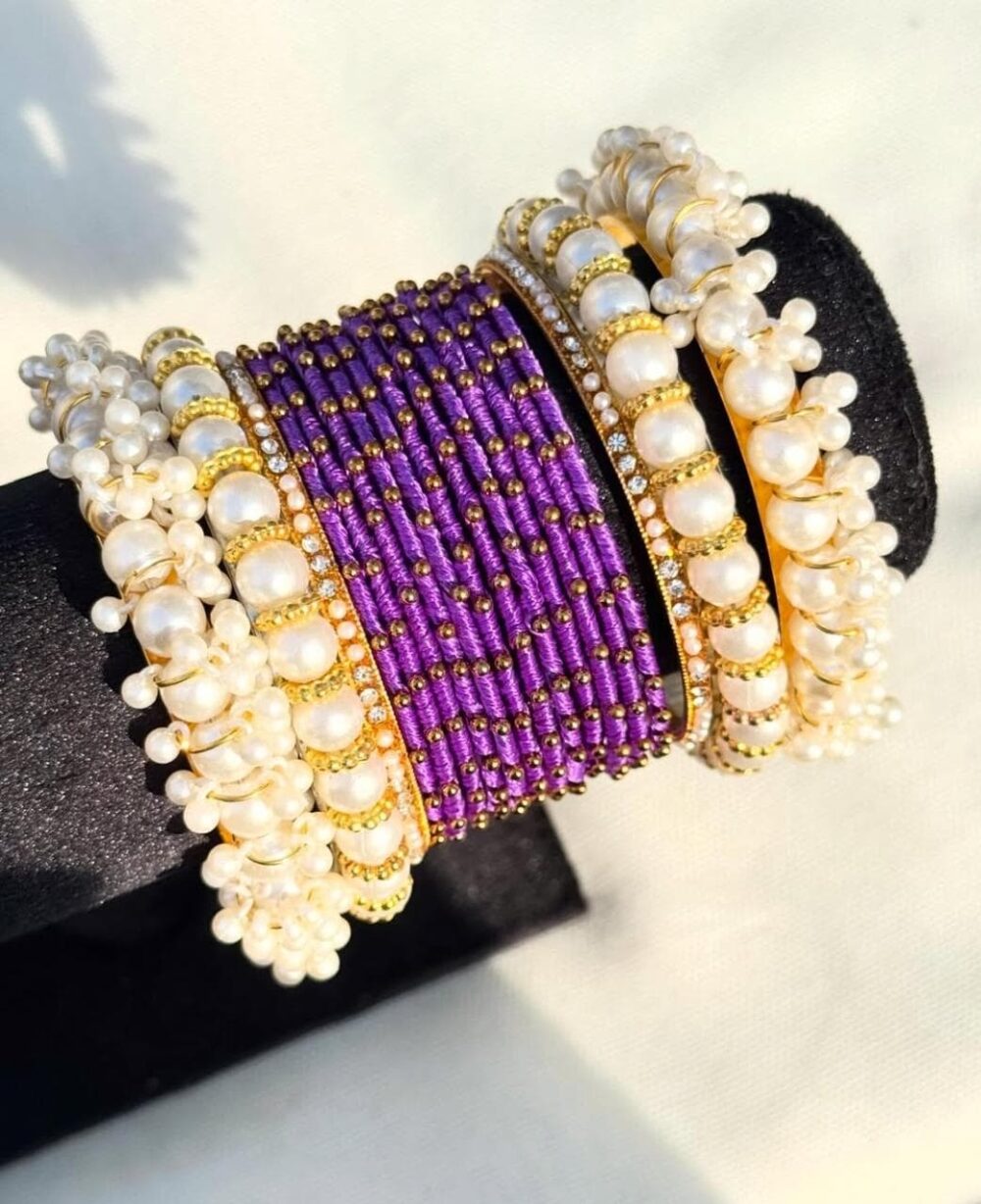 Purple Silk Thread Beaded Badam Kara Pearl Bangle Set