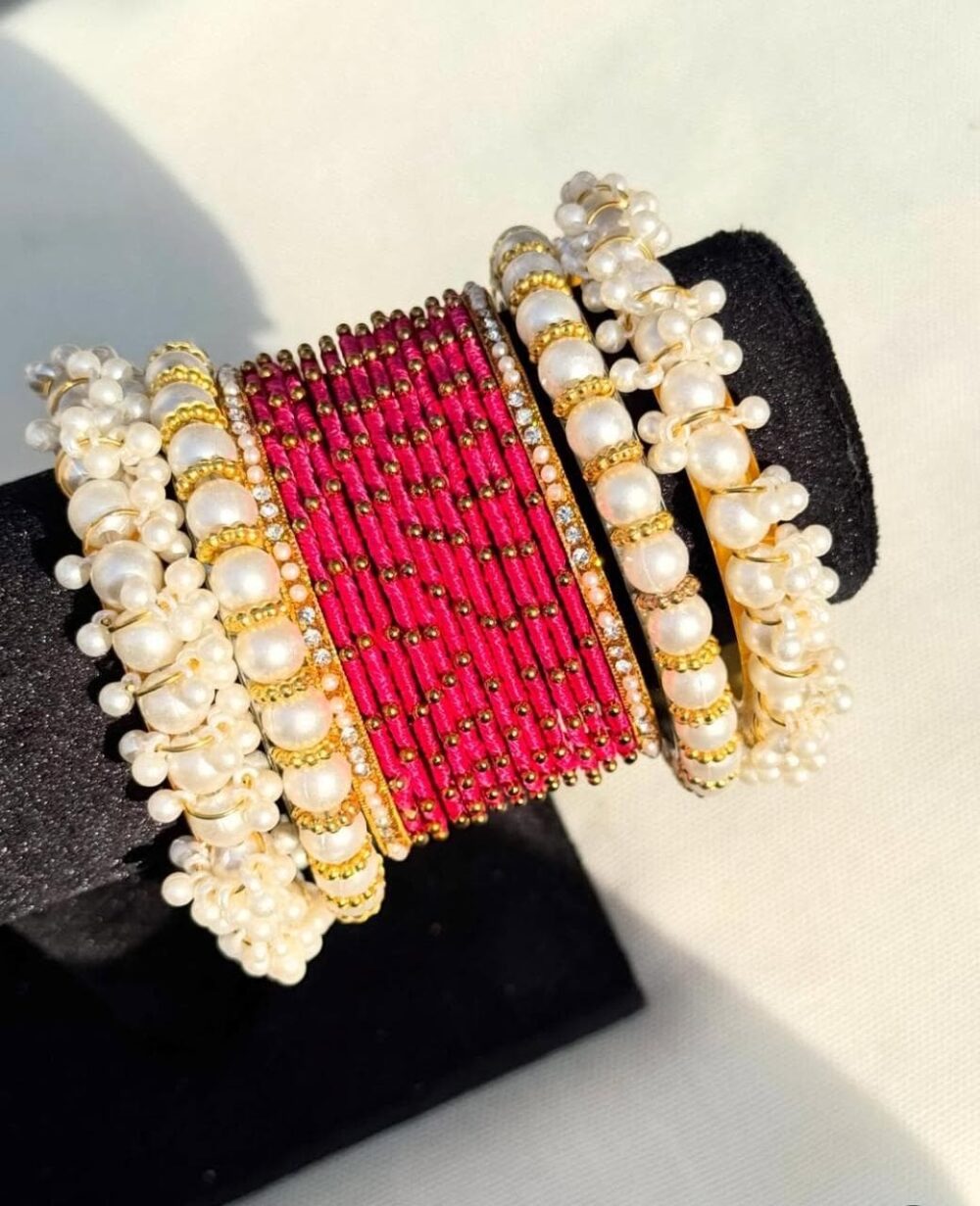 Red Rose Silk Thread Beaded Badam Kara Pearl Bangle Set