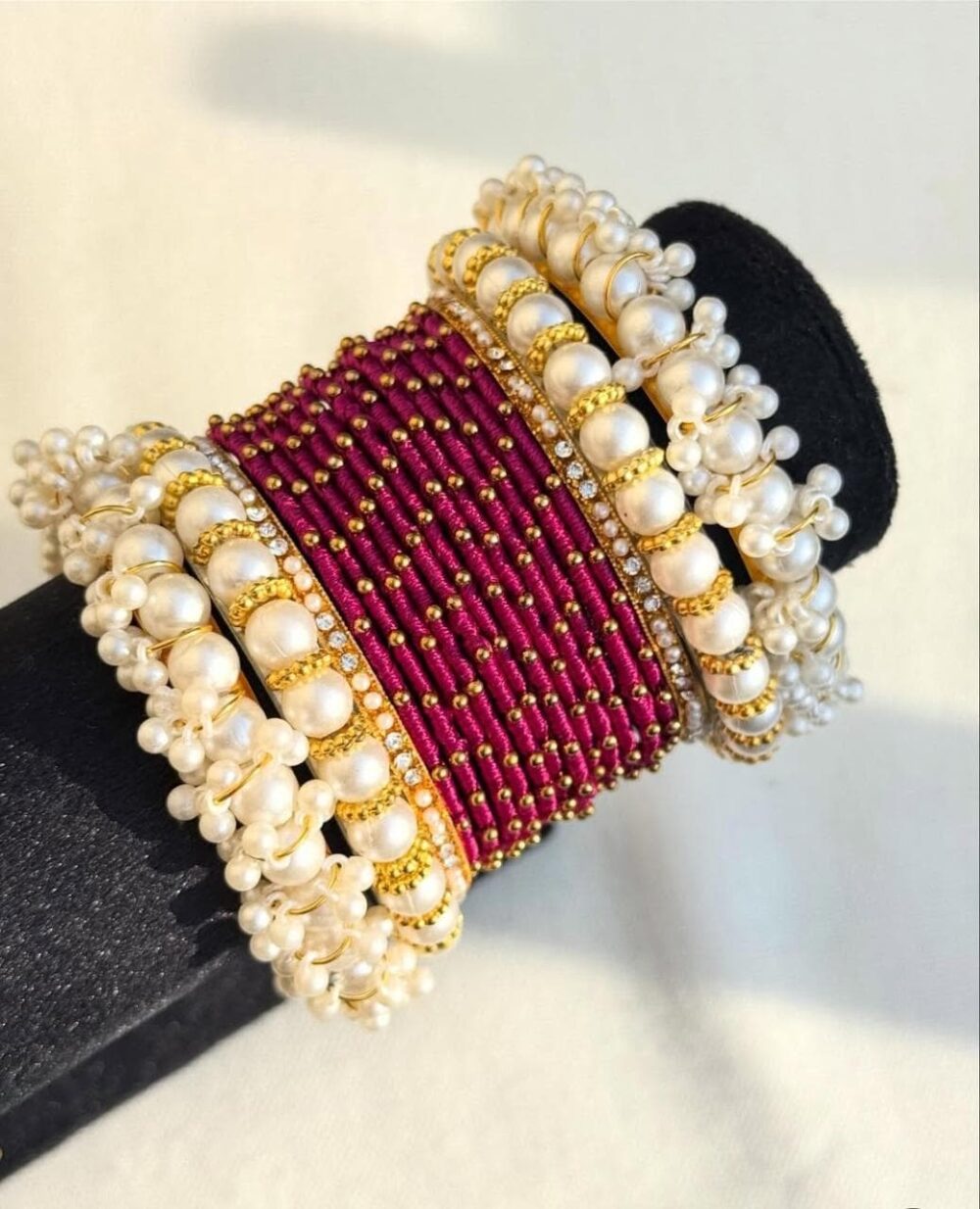 Maroon Silk Thread Beaded Badam Kara Pearl Bangle Set