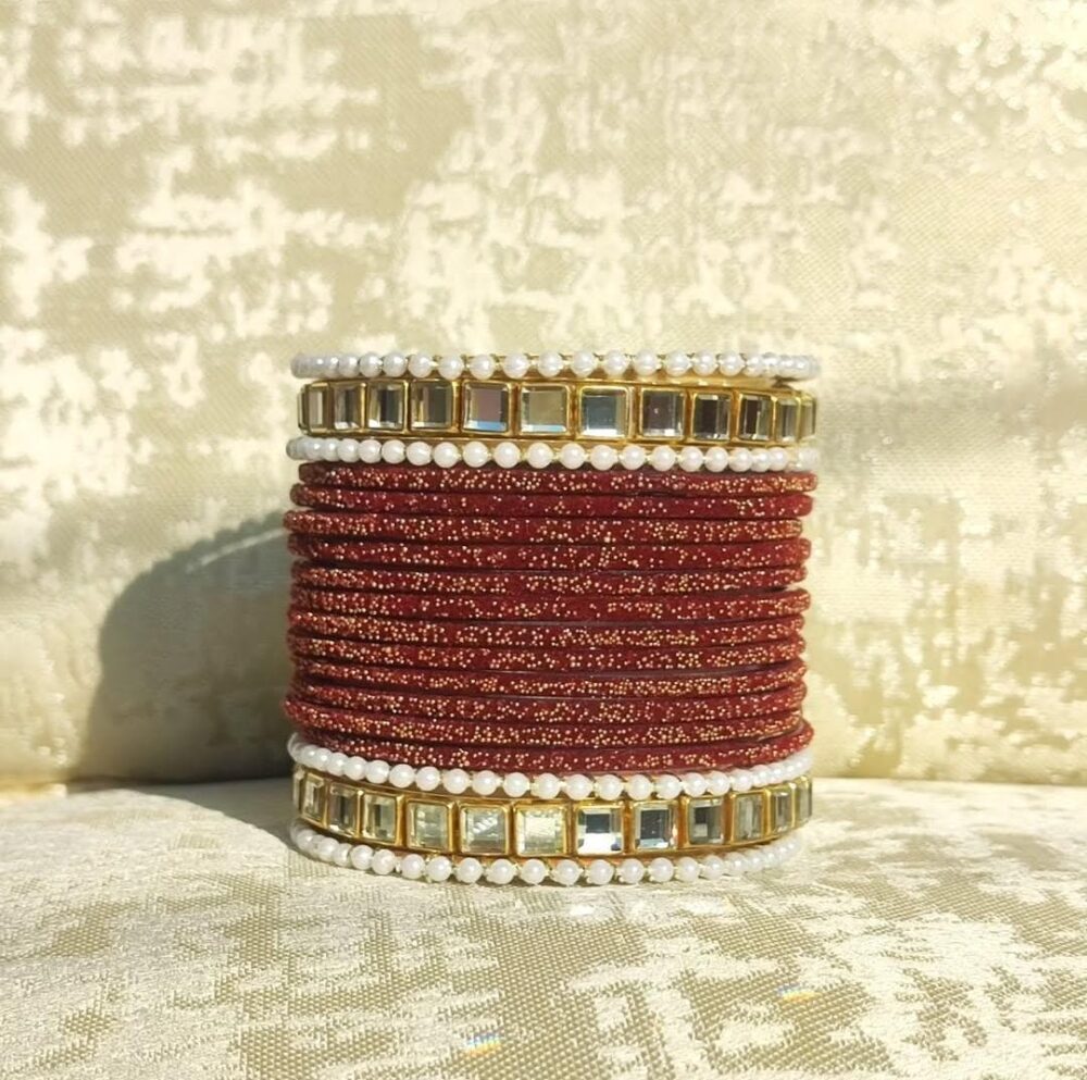 Maroon Velvet Kundan Kara Bangle Set