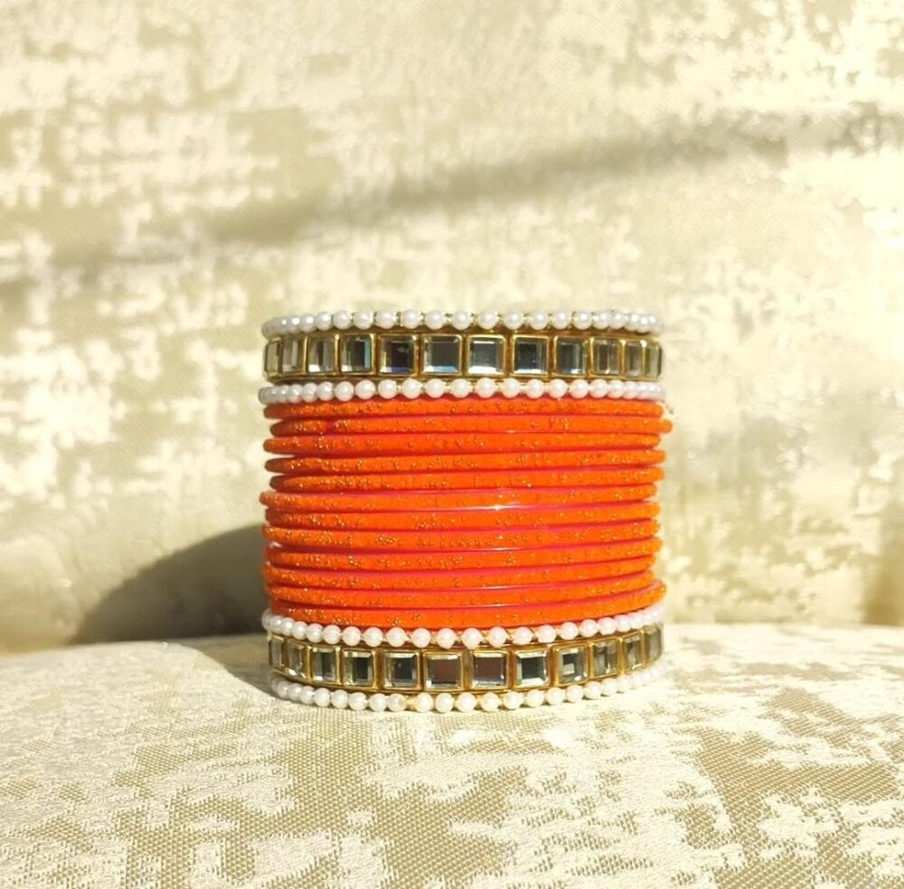 Orange Velvet Kundan Kara Bangle Set