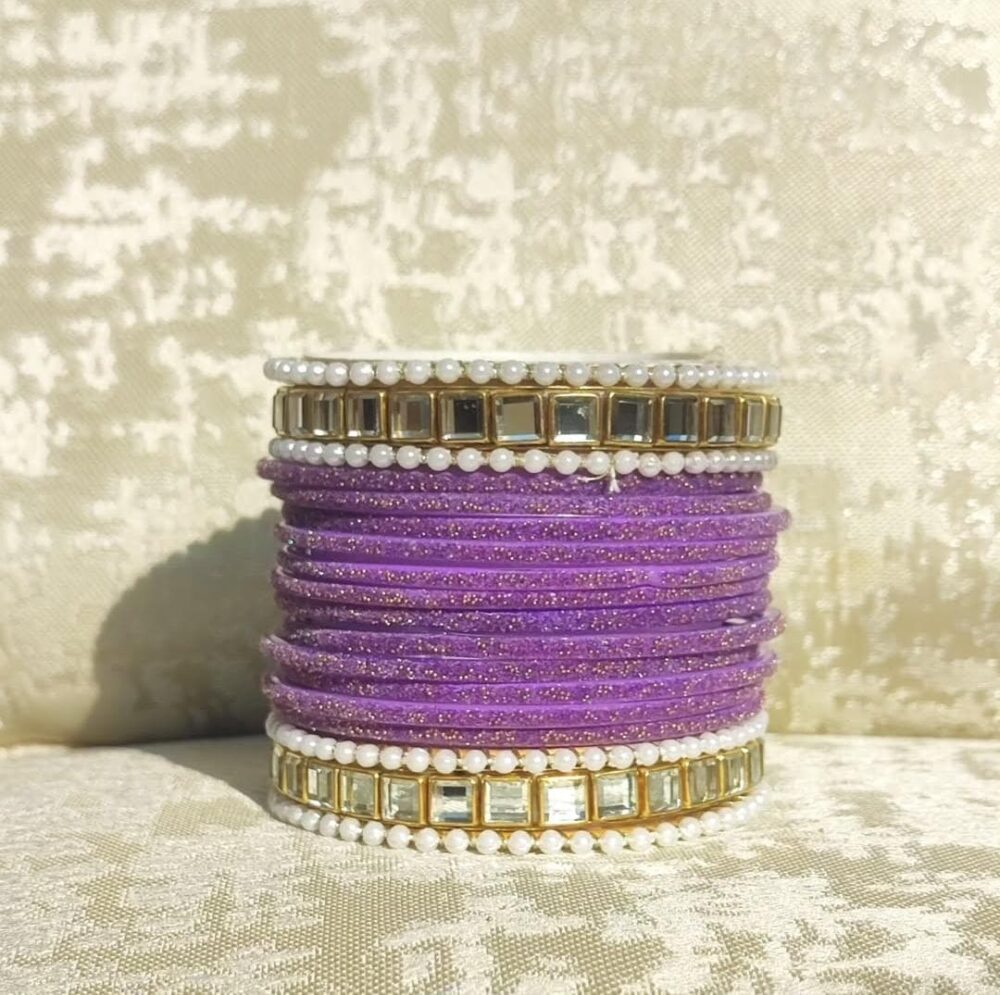 Lilac Velvet Kundan Kara Bangle Set