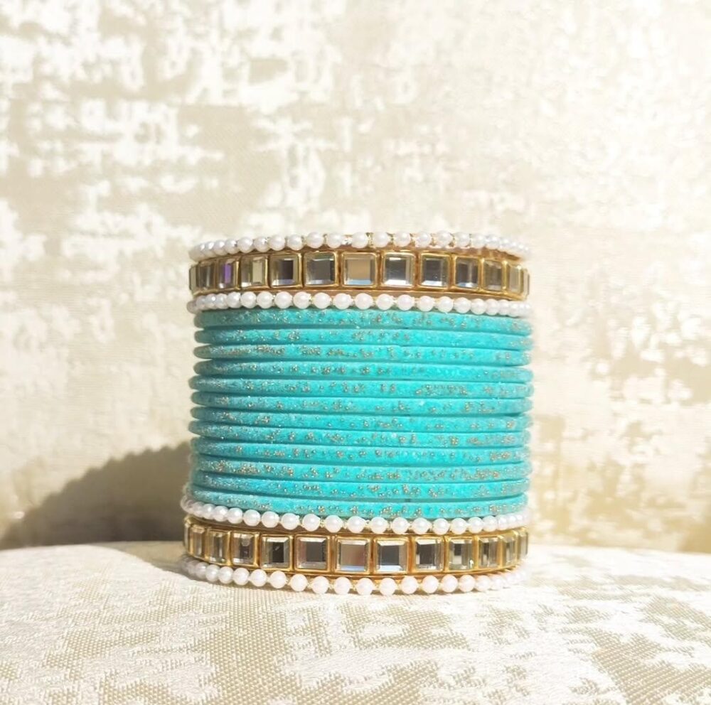 Light Blue Velvet Kundan Kara Bangle Set