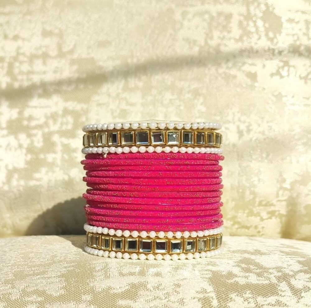 Red Rose Velvet Kundan Kara Bangle Set