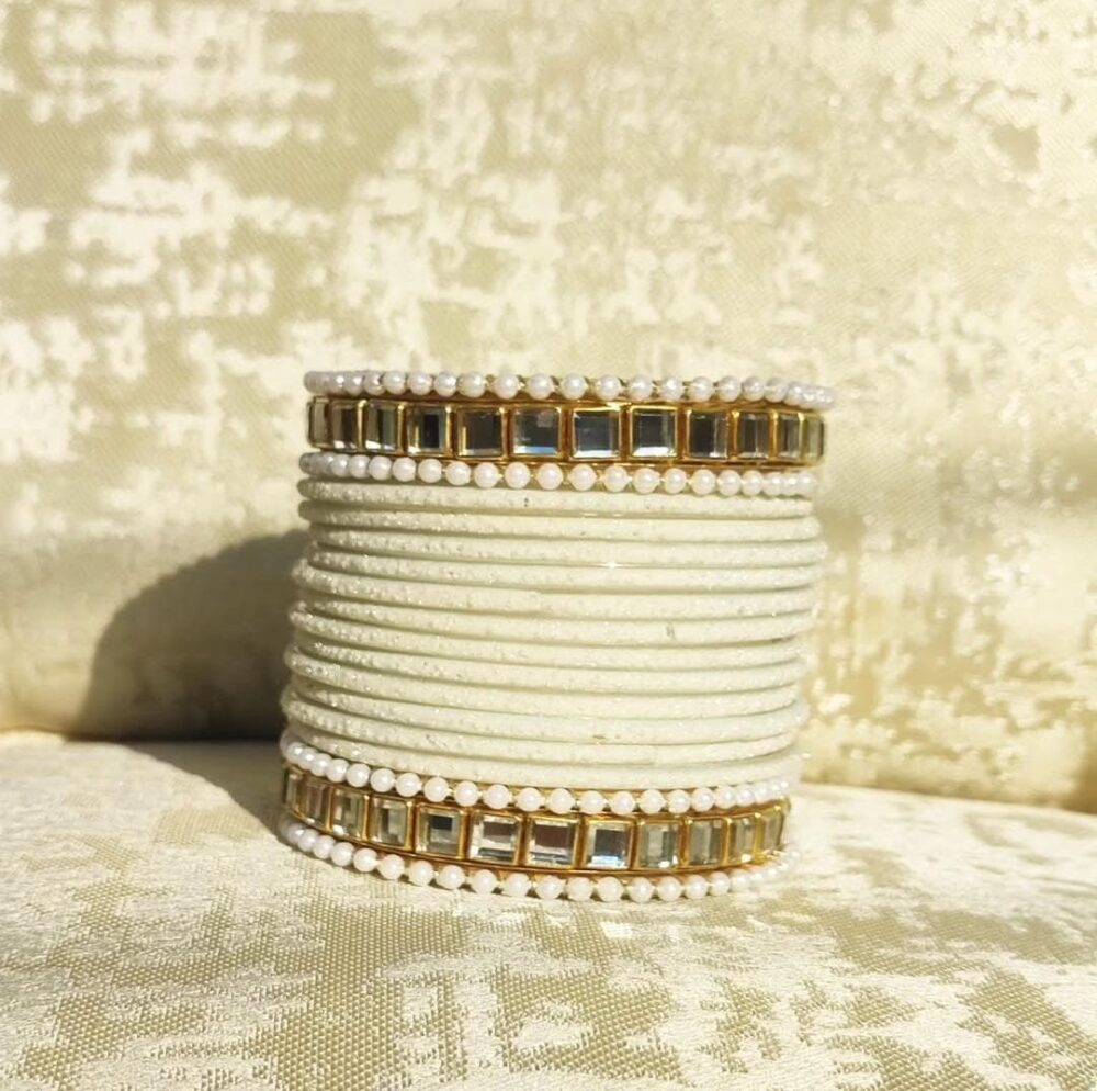 White Velvet Kundan Kara Bangle Set