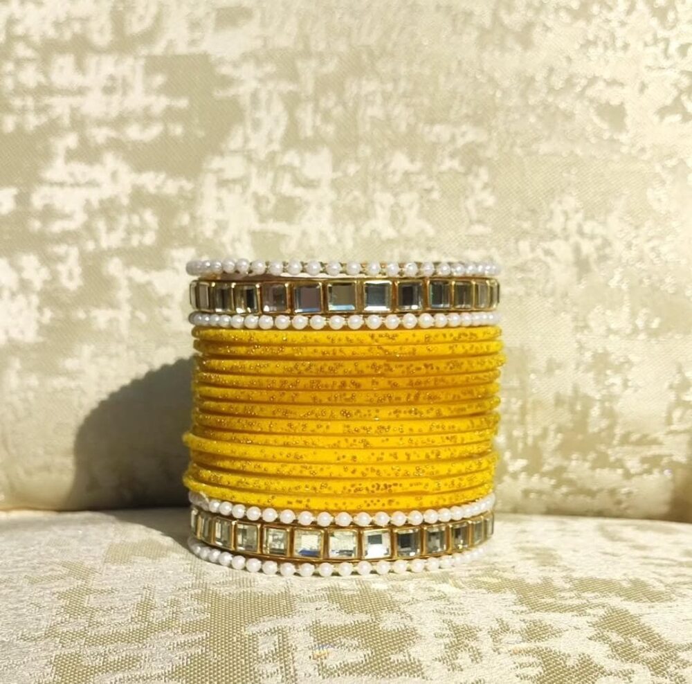 Yellow Velvet Kundan Kara Bangle Set
