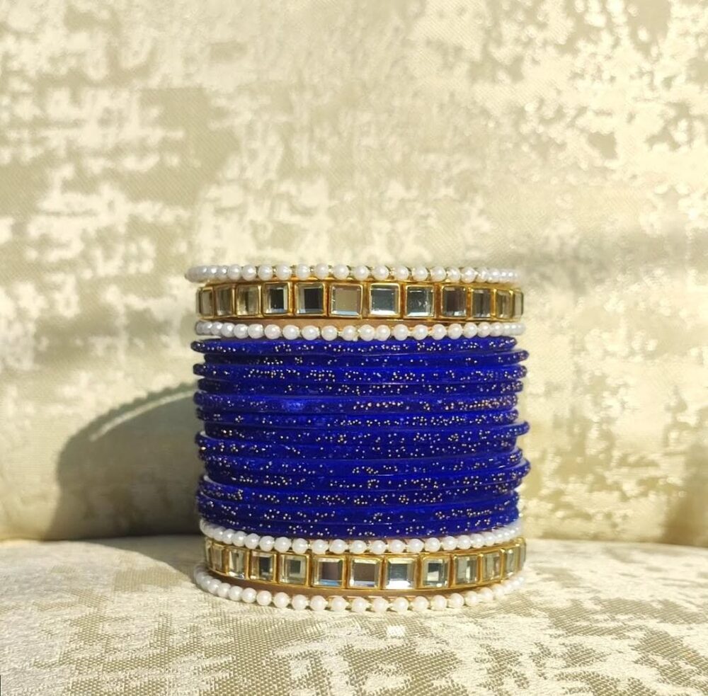 Dark Blue Velvet Kundan Kara Bangle Set
