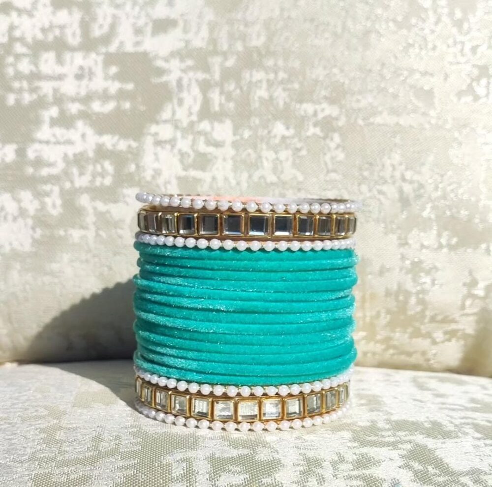 Lake Blue Velvet Kundan Kara Bangle Set