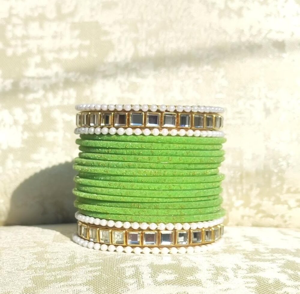 Parrot Green Velvet Kundan Kara Bangle Set