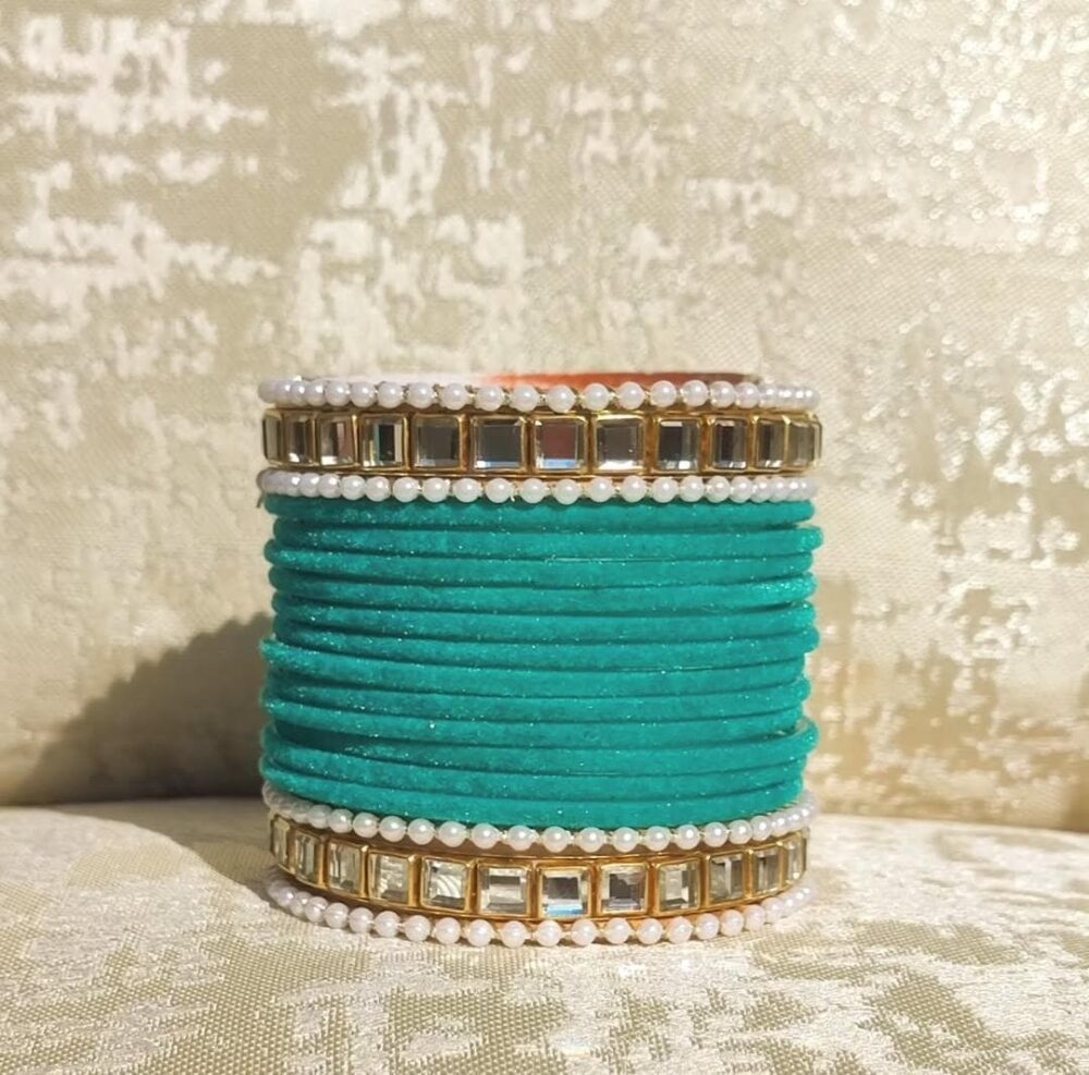 Sea Blue Velvet Kundan Kara Bangle Set