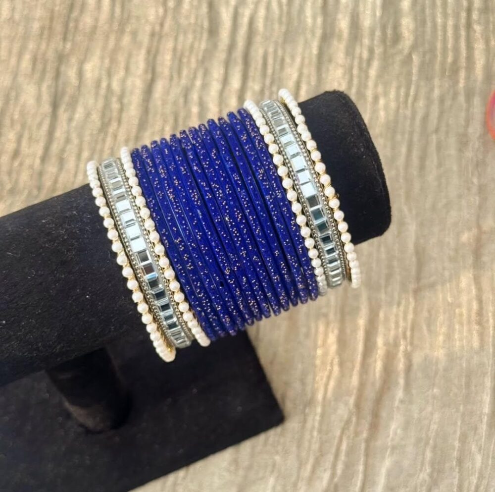 Dark Blue Velvet Silver Kundan Kara Bangle Set
