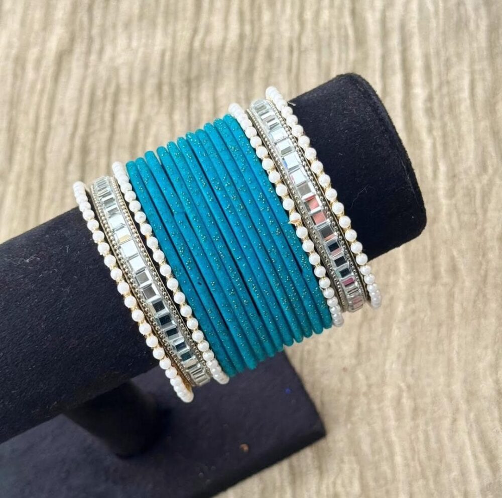 Blue Velvet Silver Kundan Bangle Set