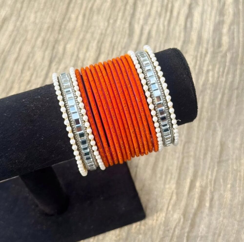 Orange Velvet Silver Kundan Bangle Set