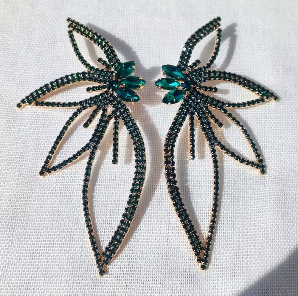Green Leaf Rhinestone Earings