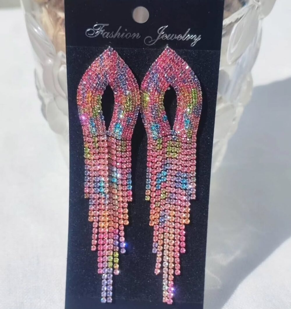 Shocking Pink Multicolor Rhinestone Long Tassels