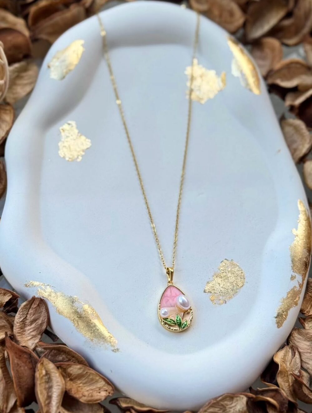 Pink Spring Leaf Pearl Pendant