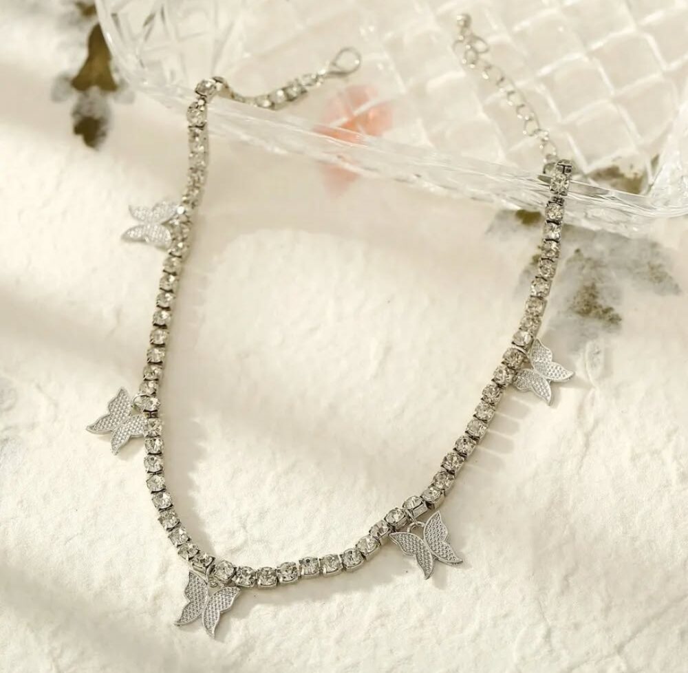Silver Butterfly Rhinestone Choker