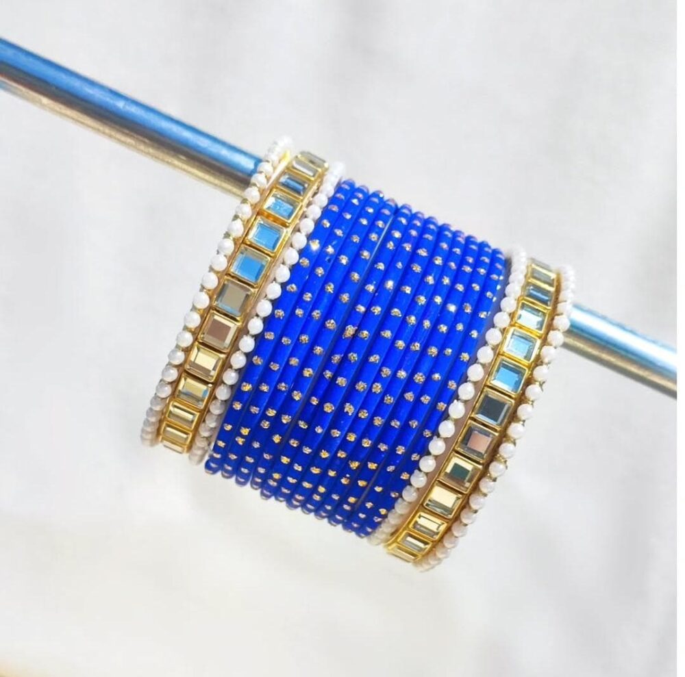 Dark Blue Dotted Bangles Kundan Kara Set