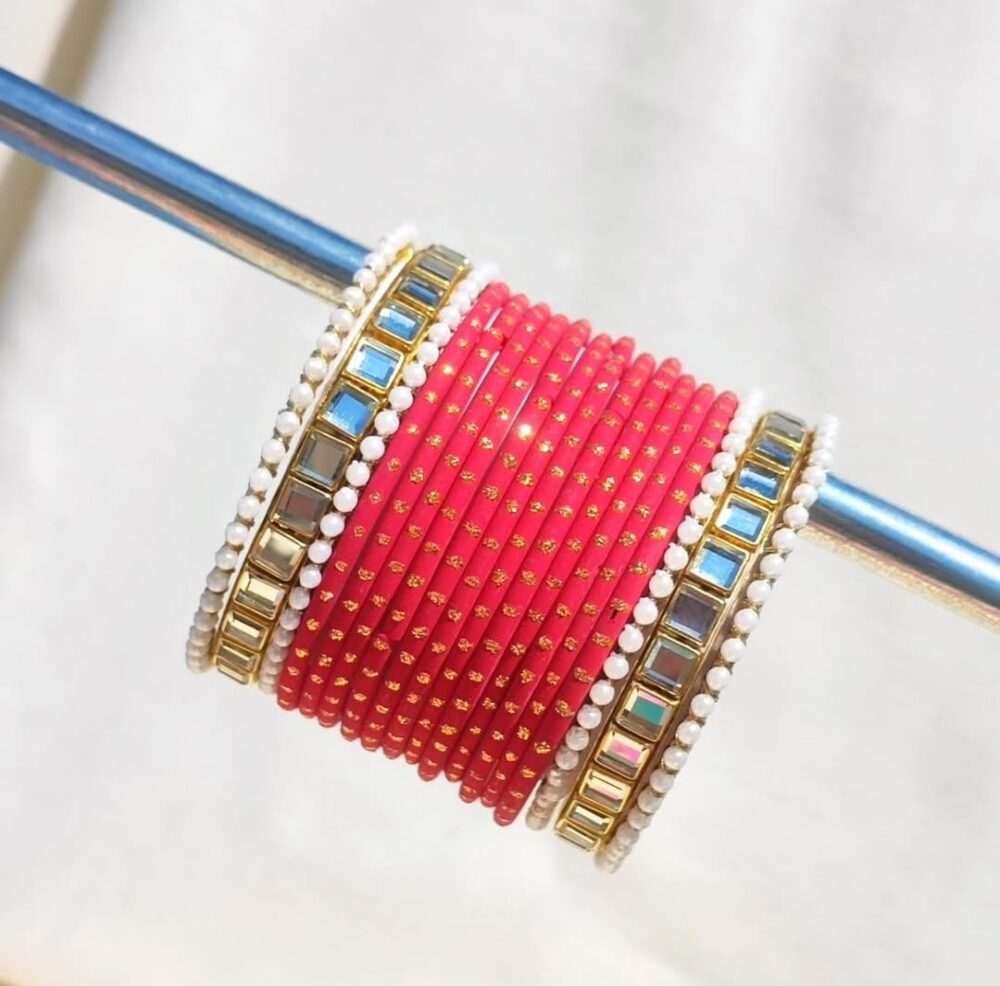 Red Dotted Bangles Kundan Kara Set