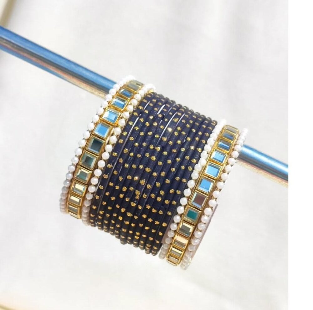 Black Dotted Bangles Kundan Kara Set