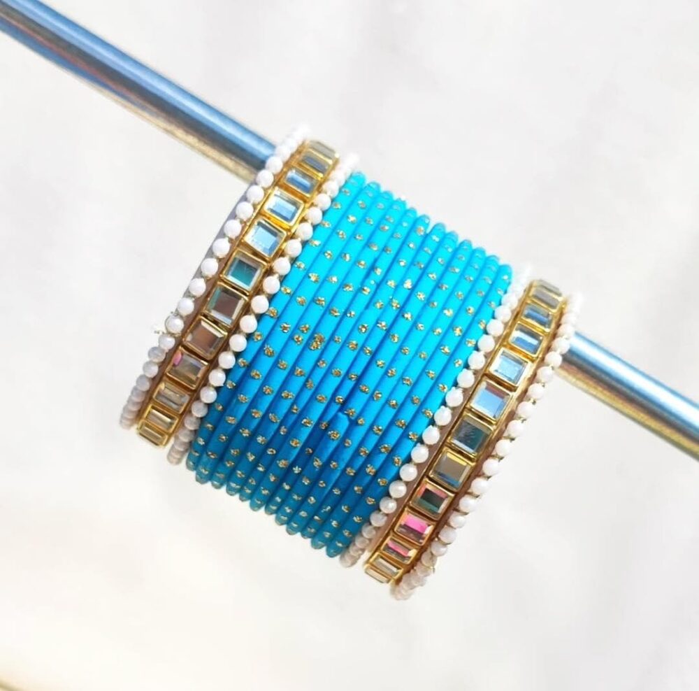 Blue Dotted Bangles Kundan Kara Set