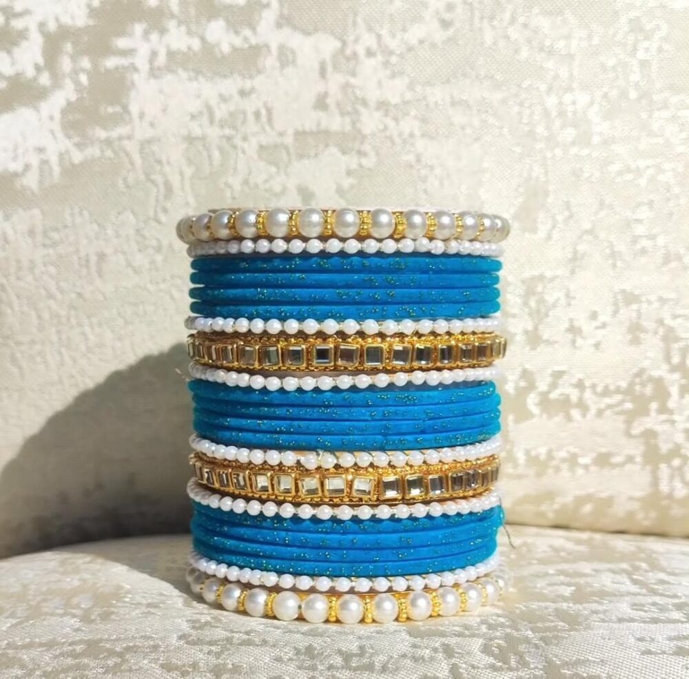 Blue Velvet Bangles Kundan Badam Kara Set