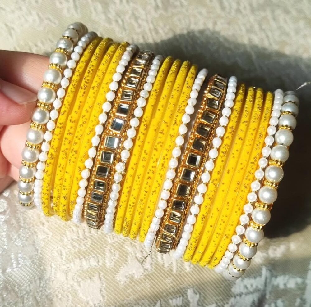 Yellow Velvet Bangles Kundan Badam Kara Set