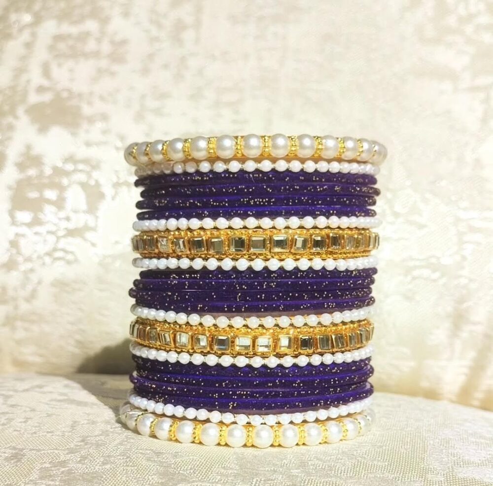 Purple Velvet Bangles Kundan Badam Kara Set