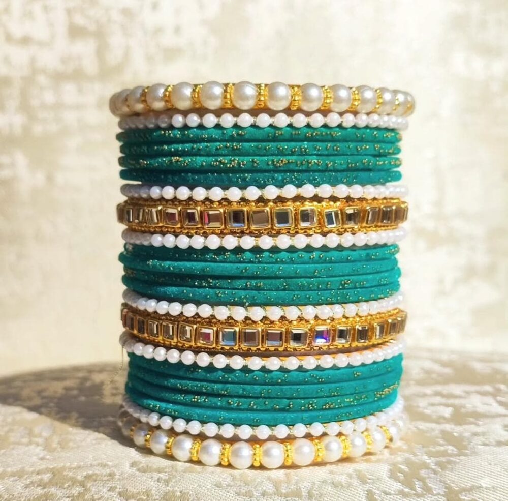 Sea Green Velvet Bangles Kundan Badam Kara Set