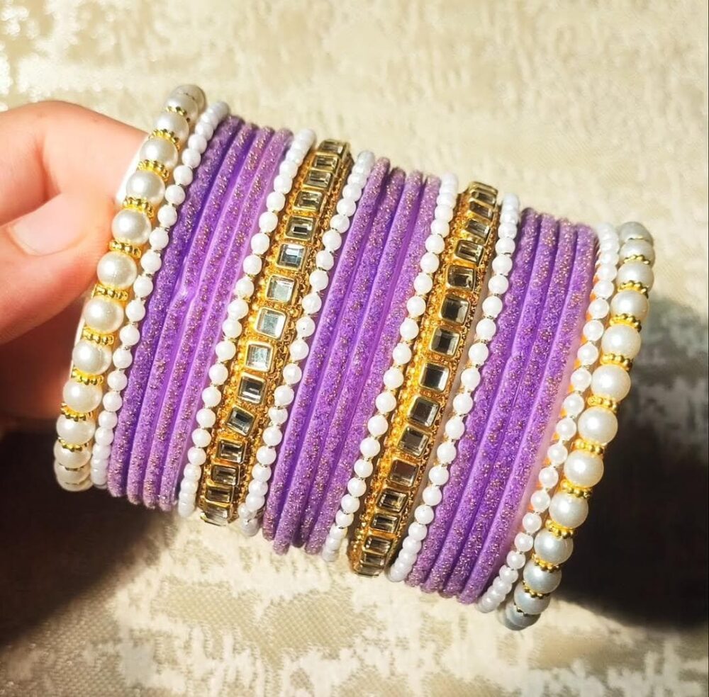 Lilac Velvet Bangles Kundan Badam Kara Set