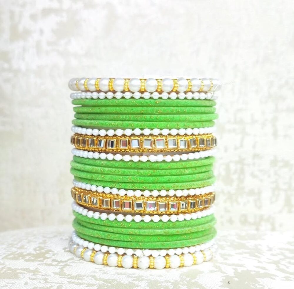 Parrot Green Velvet Bangles Kundan Badam Kara Set