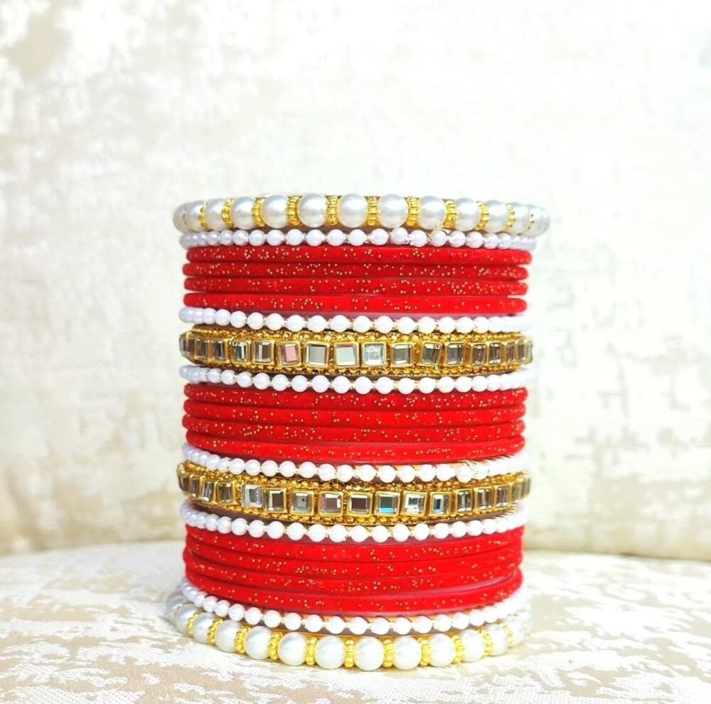 Red Velvet Bangles Kundan Badam Kara Set