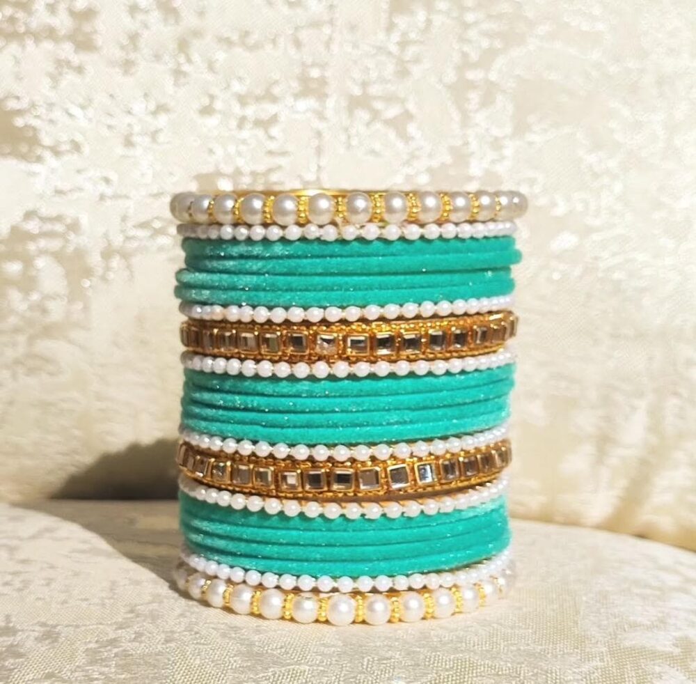 Lake Blue Velvet Bangles Kundan Badam Kara Set