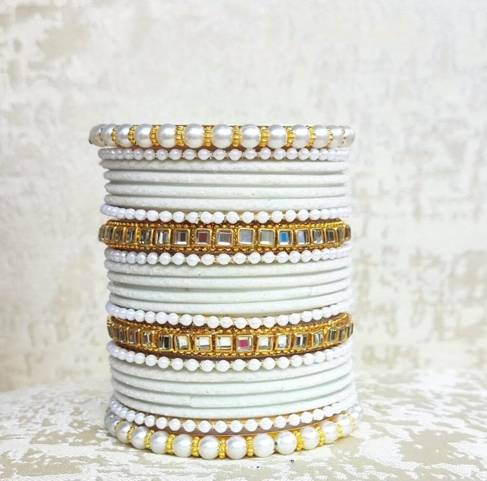 White Velvet Bangles Kundan Badam Kara Set