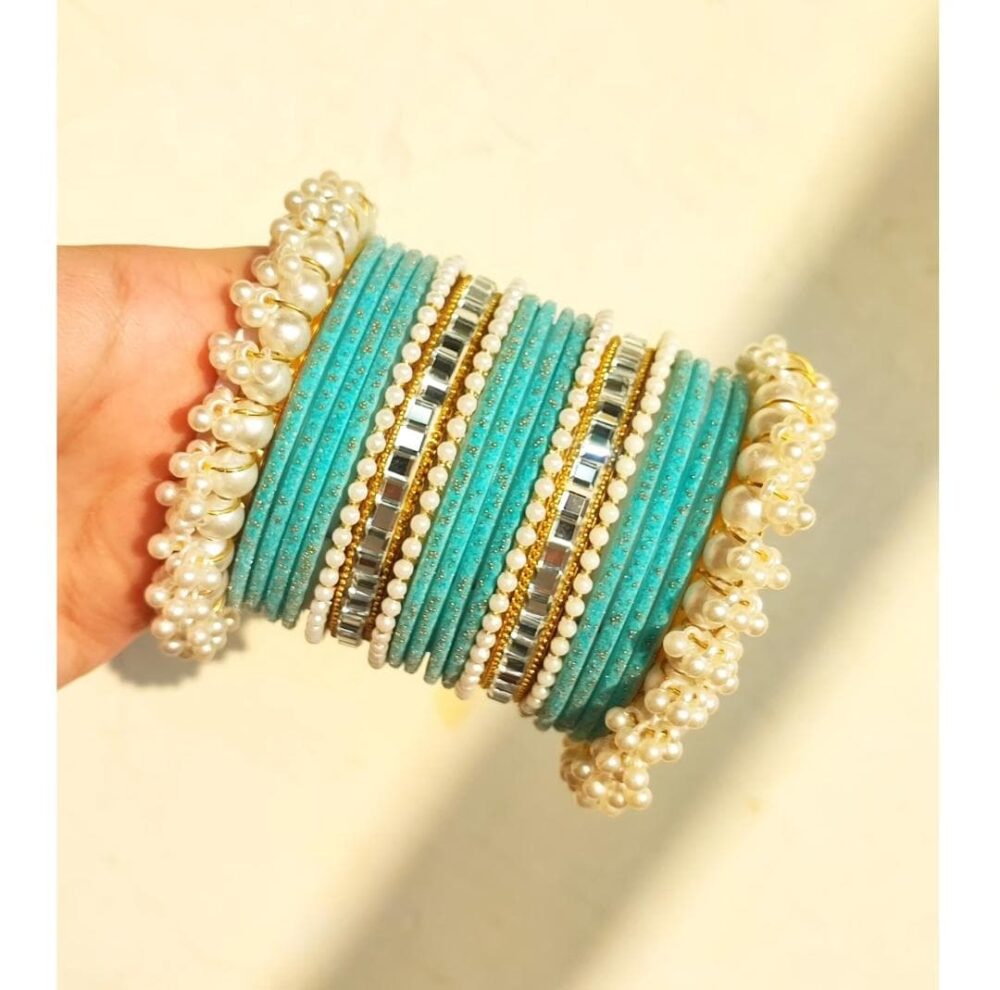 Light Blue Velvet Bangles Golden Kundan Kara Pearl Gajra Set